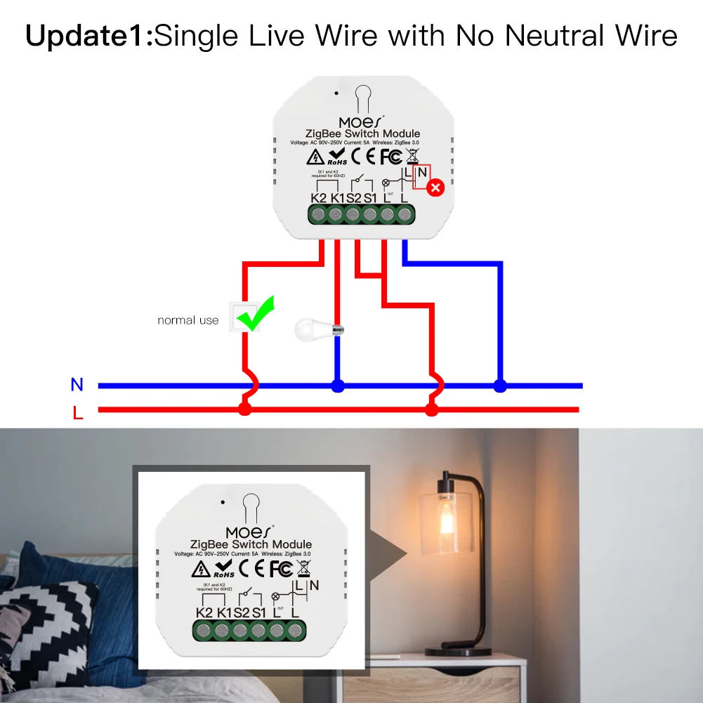Умный выключатель света Moes Tuya ZigBee модуль переключателя без нейтрального провода