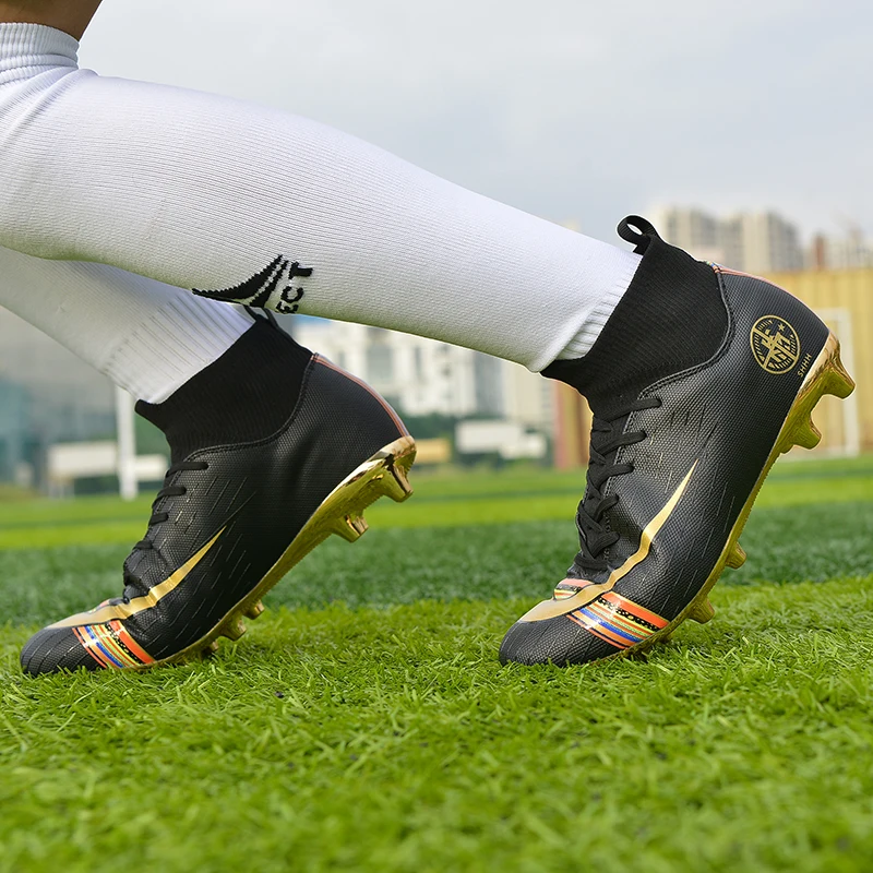 

Turf Men Soccer Shoes Kids Cleats Training Football Boots High Ankle Sport Sneakers Size 35-45 Chuteira Futebol Black Gold 2020