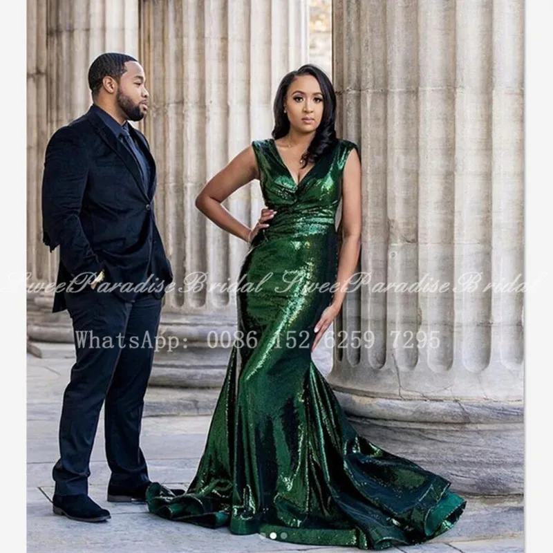 

2020 Green Sequined Mermaid Evening Dress For Women Deep V Neck Sleeveless Long Sweep Train Prom Dresses Suknie Wieczorowe