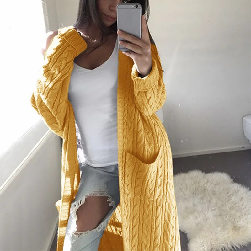 

Women Solid Color Stylish Long Knitted Sweaters Cardigans 2021 Long Sleeve Casual Sweater Winter Female Hemp Flowers Posket Coat