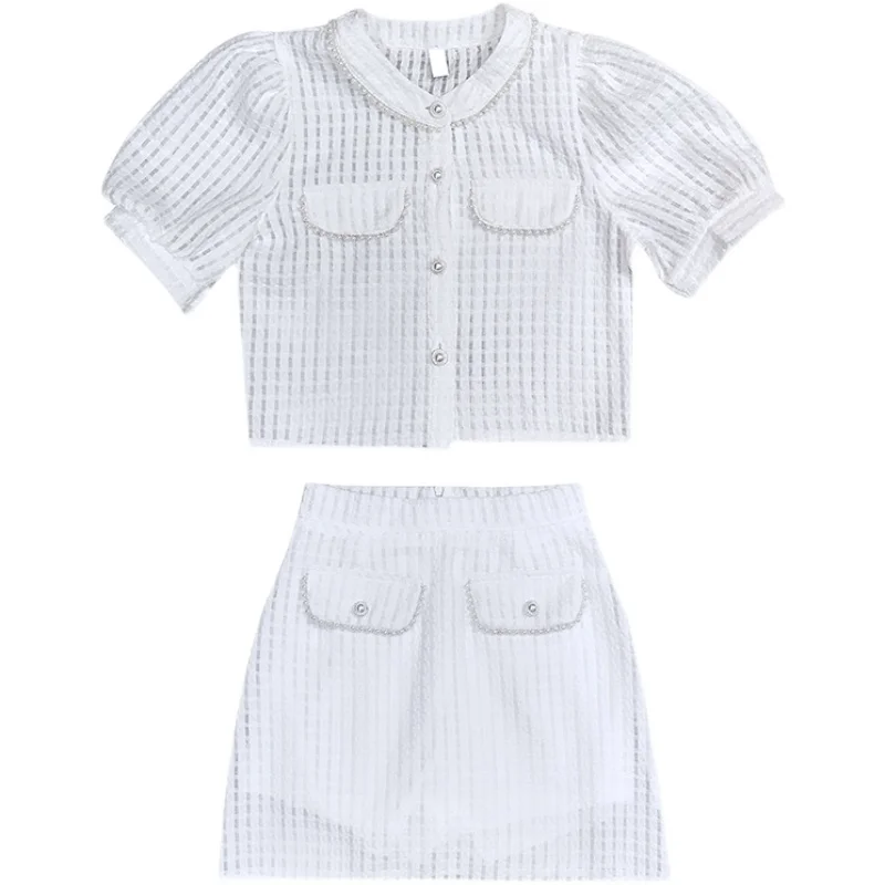 

Women 2 Piece Set 2021 Summer Korean Chic Sweet O-neck Pearl Button Shirt High Waist All-match Plaid A-line Skirt Suit