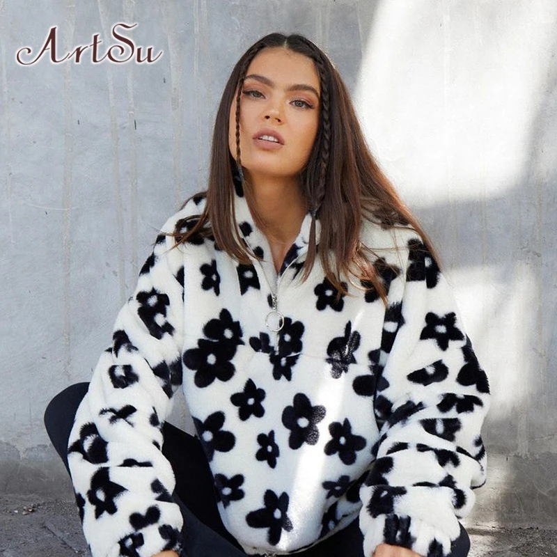 

ArtSu Plush Warm Loose Jacket Winter Women Clothes Zip Up Turtleneck Female Tops Streetwear Long Sleeve Pullovers Jackets Coats