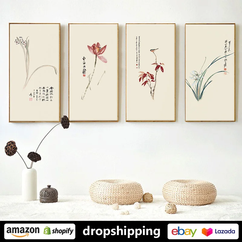 

Chinese Retro plant Flower Ink posters prints canvas paintings wall art for living room decor for bedroom aesthetic Artwork