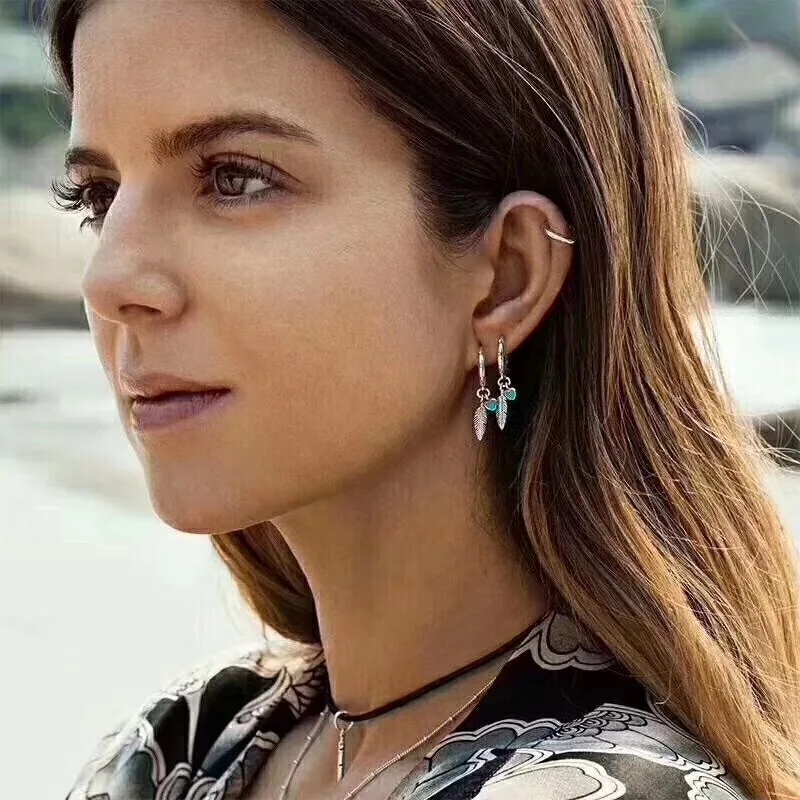 

2021 NEW925 Sterling Silver Earring Turquoise Hearts & Feather fit paba Hoop Earrings For Women Birthday Party Fine Jewelry Gift