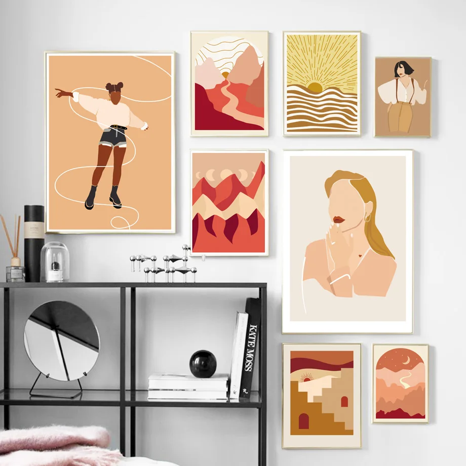 

Vintage Fashion Girl Poster Abstract Mountain Sun Moon Wall Art Landscape Canvas Painting Prints Pictures for Living Room Decor