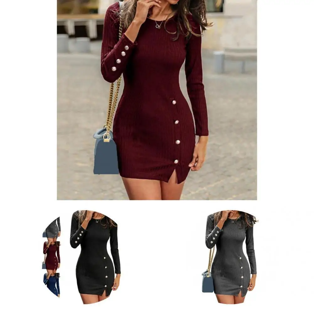 

Popular Base Dress O Neck Streetwear Mini Dress Skinny Pure Color Dress