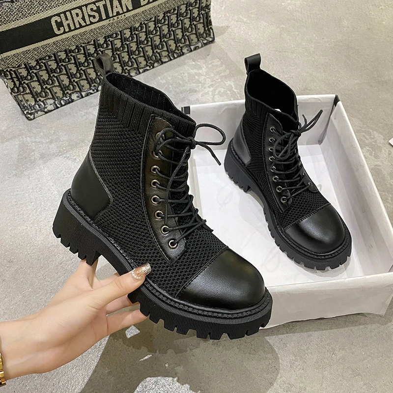 

Women Chelsea Boots Round Shape Thick Heel Middle Tube Short Boots Solid Color PU Stitching Front Shoelace Vintage Platform Boot