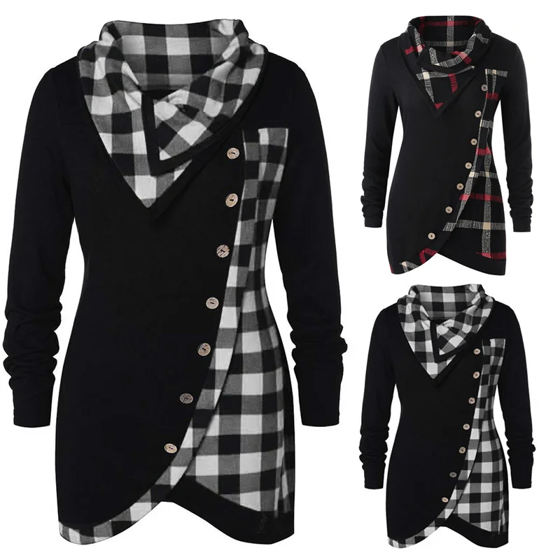 

Women's Winter Pullover Sweatshirts Plaid Drawstring Skew Button Sweatshirt Tunic Tops Ladies Long Warm Hoodies Sweatshirts
