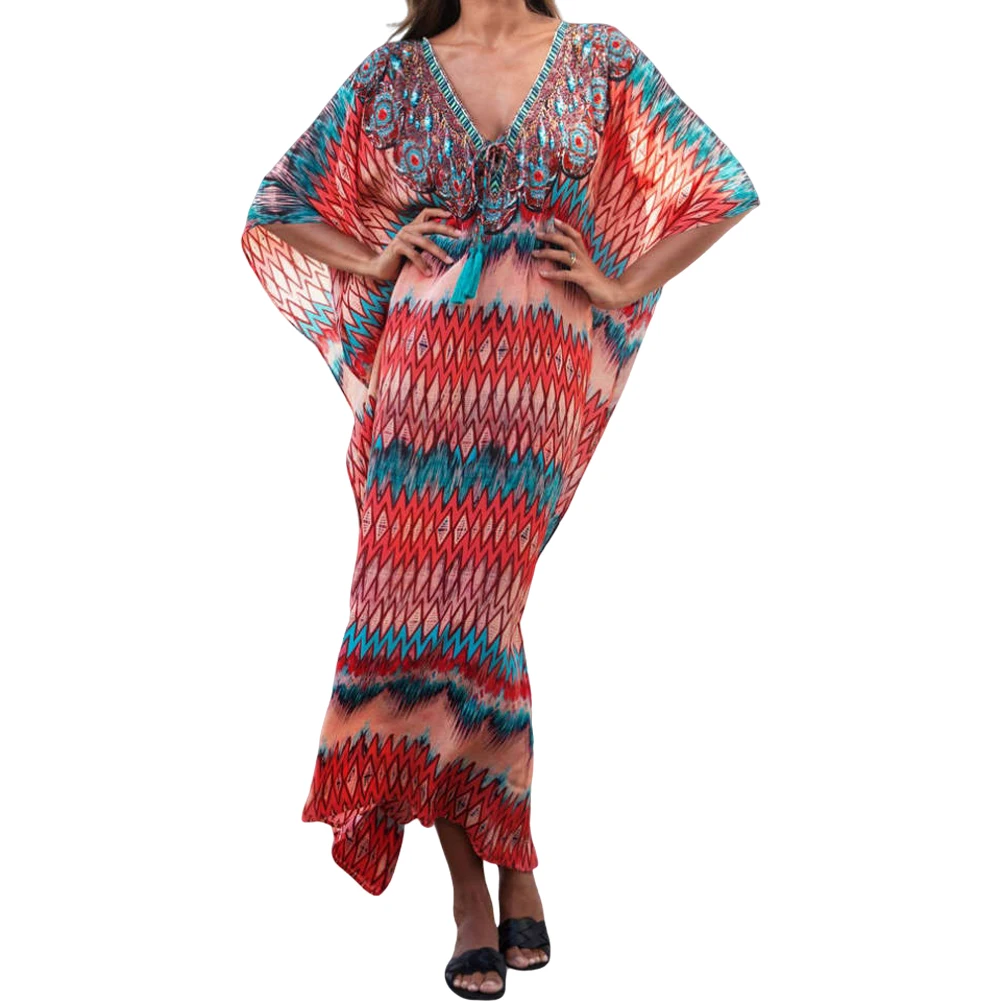 

Women Beachwear Swimwear Floral Print Bikini Cover-Ups Beach Wear Cover Up Loose Ladies Boho V-neck Summer Dress Sundress