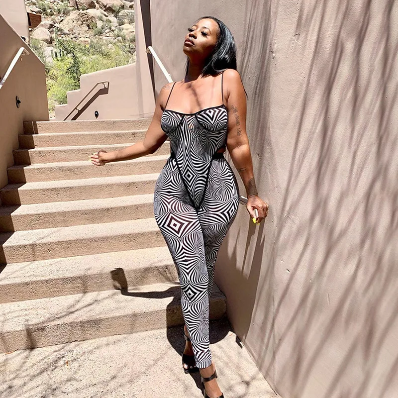 

Imcute Geometric Print Mesh Sheer Two Piece Set Women Fall Sexy Spaghetti Strap Bodysuits+Pants Matching Sets Skinny Streetwear