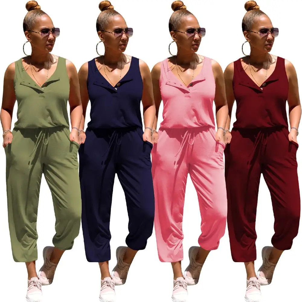 

Casual Pure Color Drawstring Pocket Long Jumpsuit 2020 Hot Design Simple Style Office Lady V Neck Tank Sleeve Rompers 4 Color