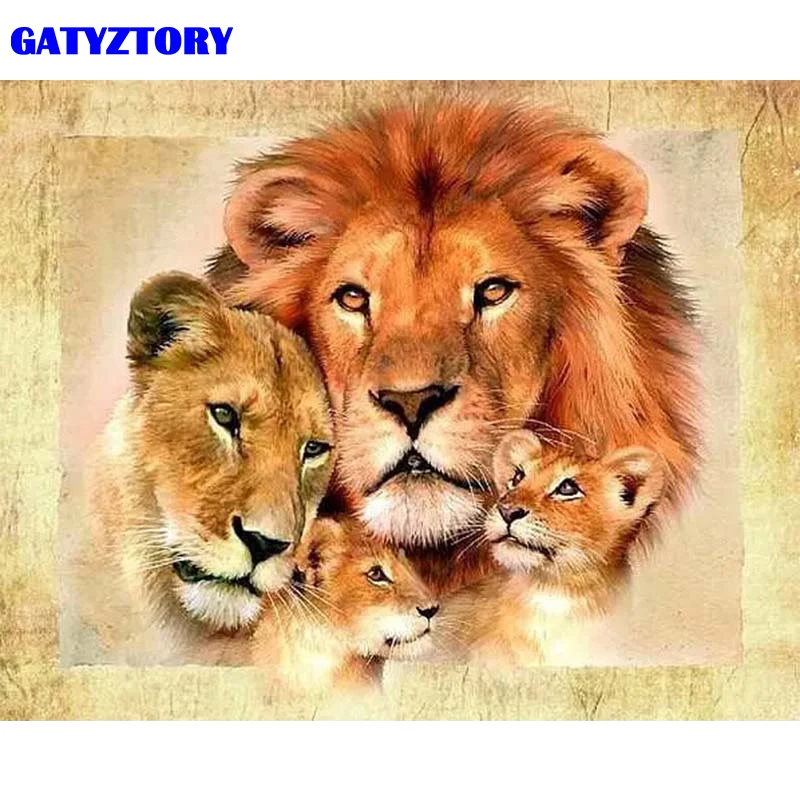 

GATYZTORY Frame Picture 60x75cm DIY Painting By Numbers Kits Lions Animals Acrylic Canvas Calligraphy Painting For Home Decors