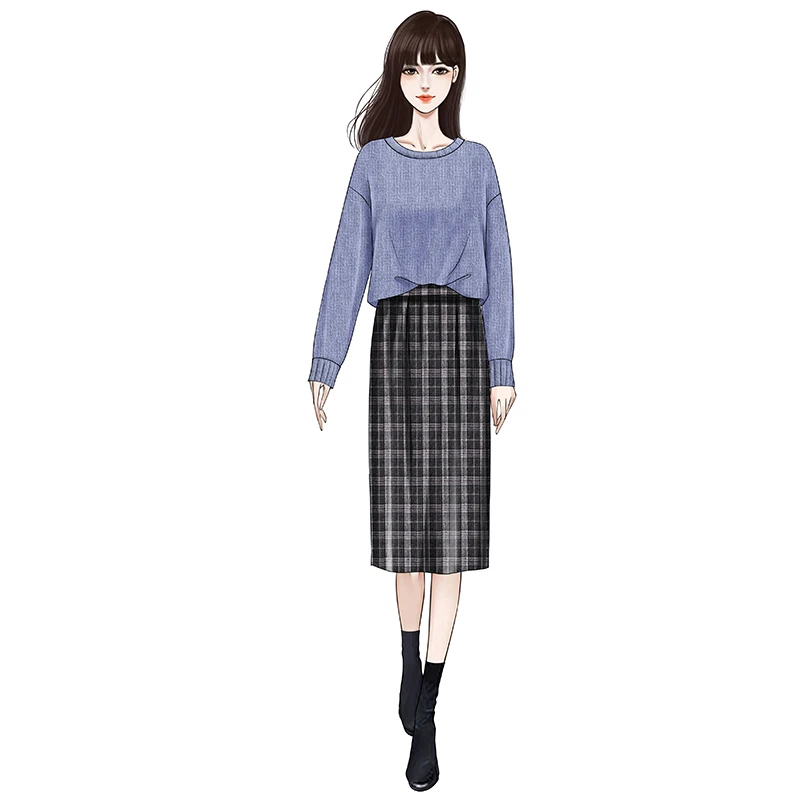 

New Winter Spring 2021 Women Leisure Suit Female Pullover Blue Sweater Retro Fashion Chic Grid Cloth Skirt Two-Piece Outfit