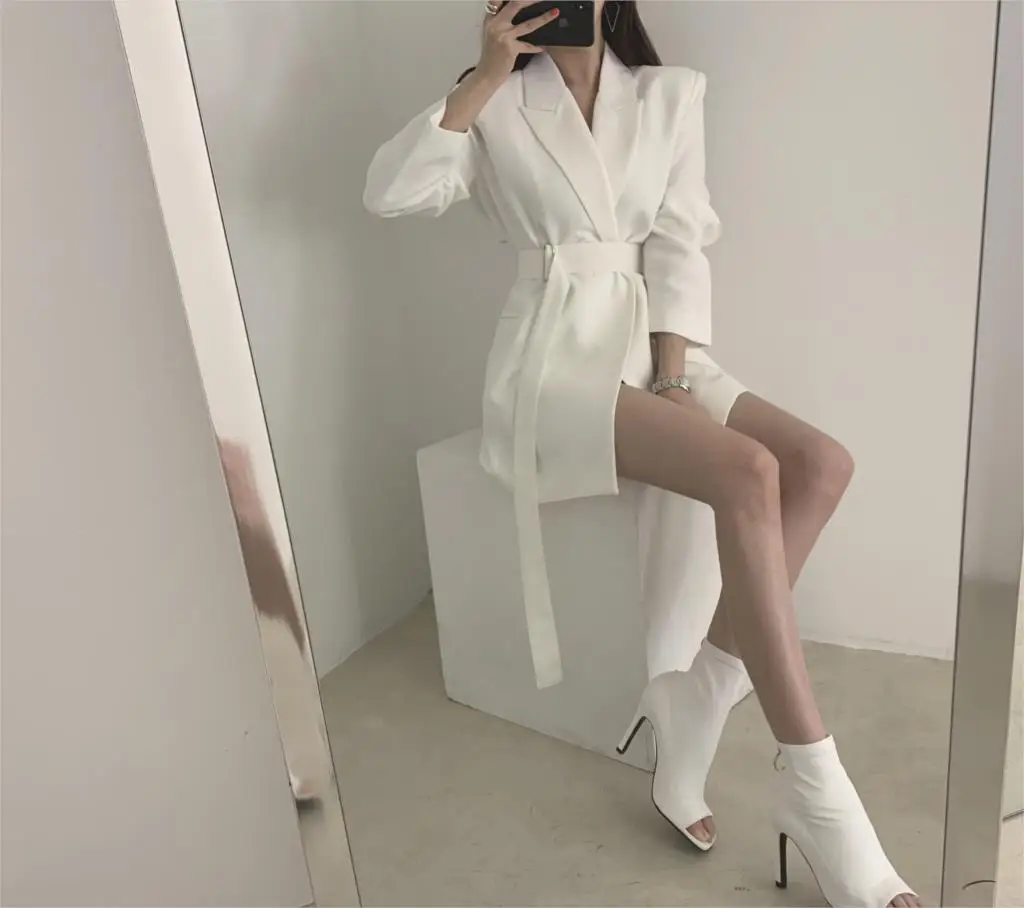 Винтажный белый Женский блейзер со шнуровкой Свободная Женская куртка с круглым вырезом элегантная верхняя одежда осенние женские блейзеры с длинными рукавами