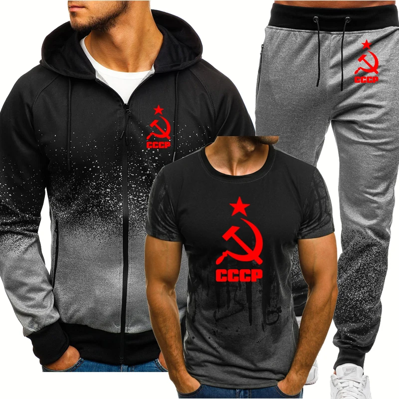 

Костюм Мужской Хлопковый из 3-х предметов, Свитшот и спортивные штаны СССР, русский и СССР, комплект одежды для спорта, весна-осень