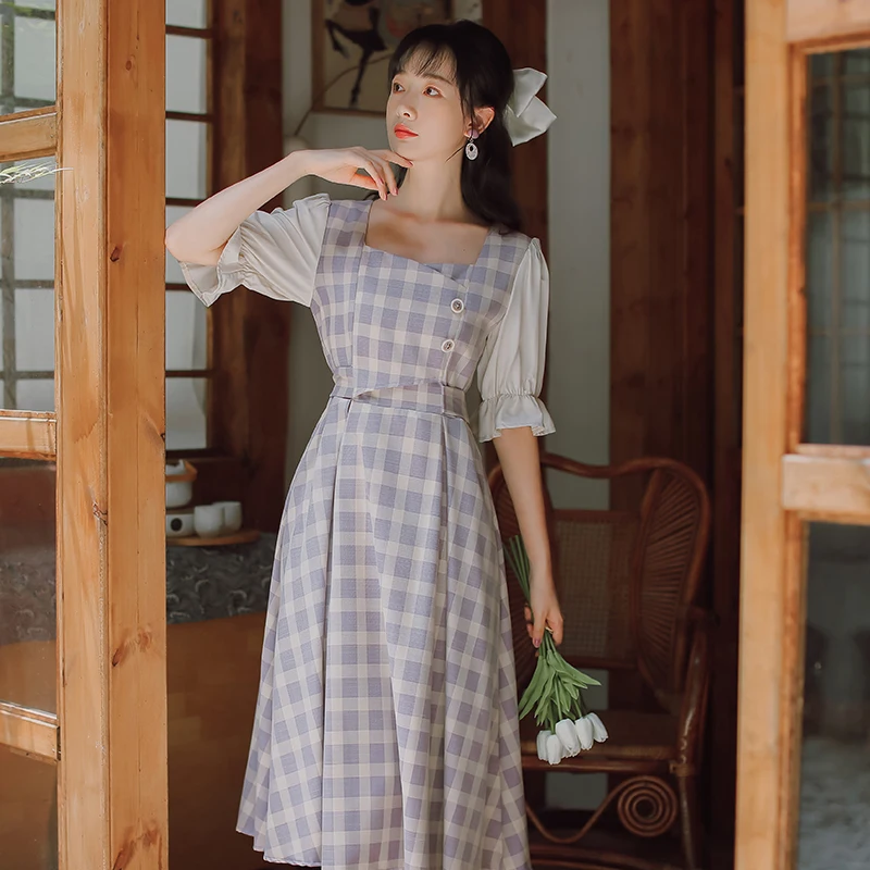 

Summer Dress 2021 Women Casual Short Sleeve Plaid Printed Sundress Loose Hepburn Mid-Calf Dresses Femme Party Robe