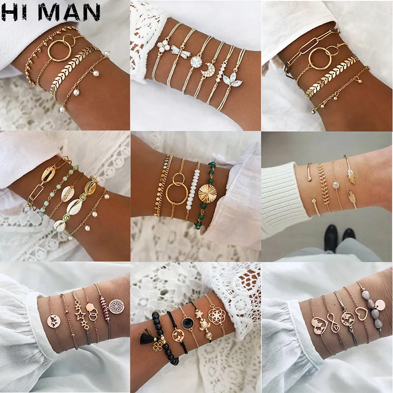 

31 Styles Boho Mixed Leaves Letter Map Geometric Crystal Infinity Pentagram Shell Multi-layer Chain Bracelet Women Wholesale
