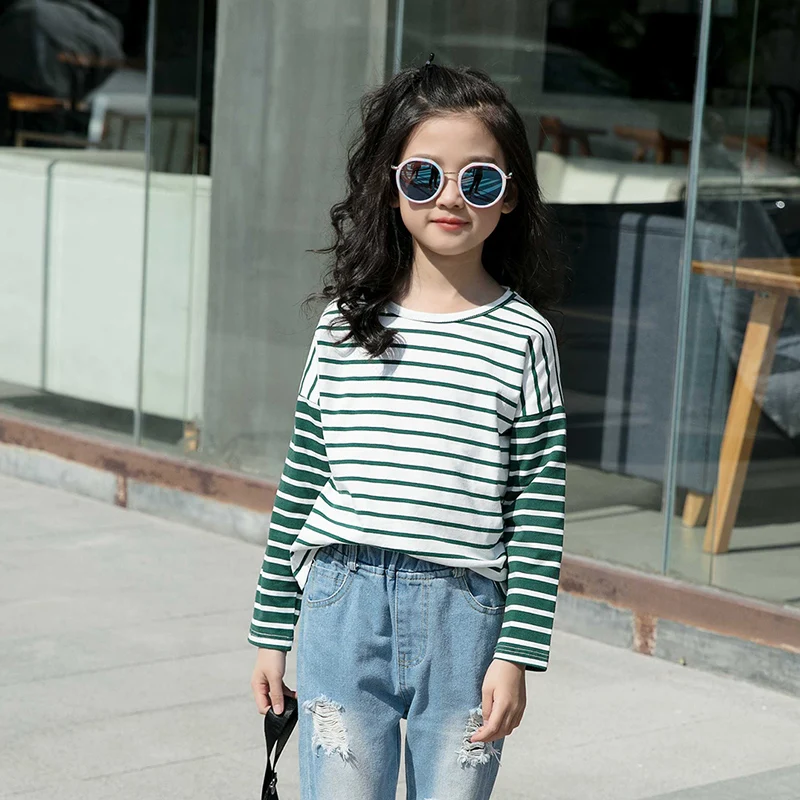 Детская футболка для девочек хлопковая в полоску с длинными рукавами подростков