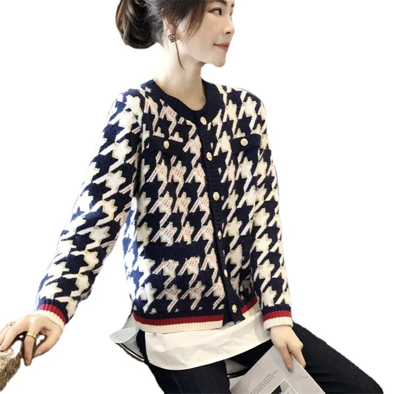 

Sweater Cardigan Jacket Women 2021 Spring Autumn New Fashion Houndstooth Round Neck Retro Short Sweater Coat Female LR1302