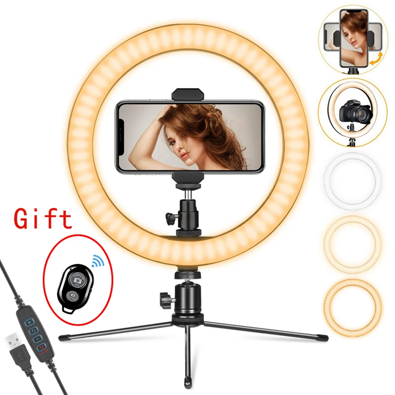 

10 Inch 26cm Desktop LED Fill Ring Light with Tripod Stand Phone Holder For Tiktok YouTube Video Live Streaming Makeup Selfie