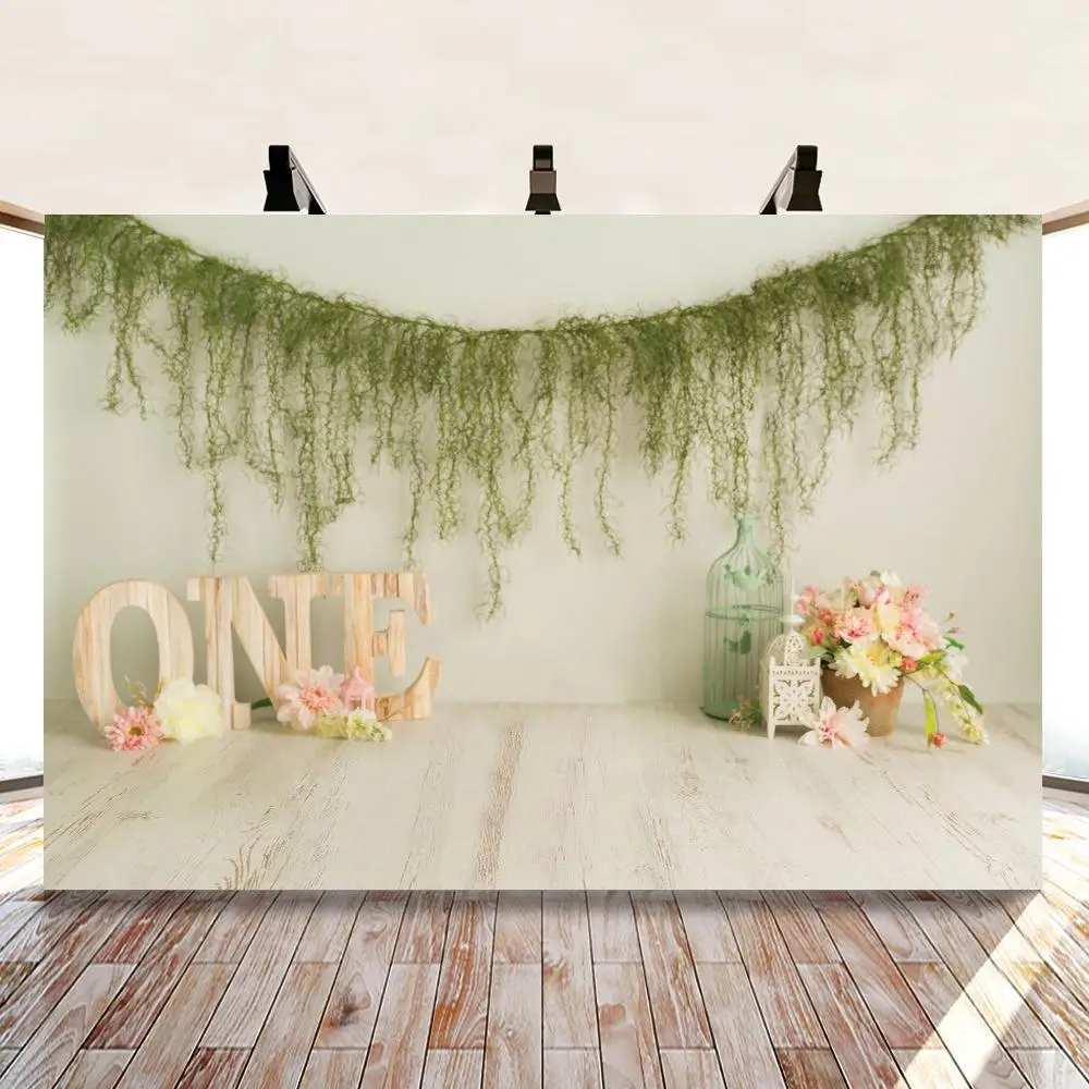 

One Year Old Bouquet Green Vine Backdrops Photo Background Decorations for Girls Birthday Party Photography Props