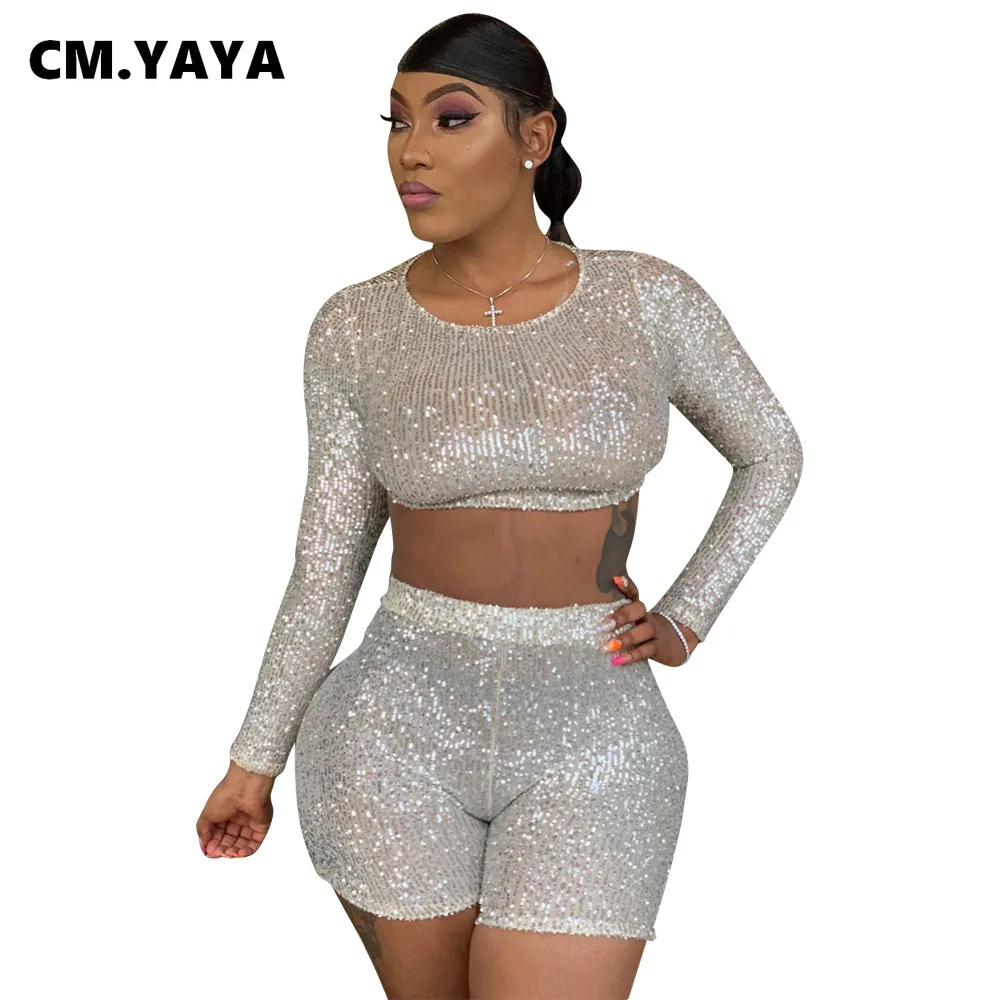 Уличная одежда CM.YAYA сексуальный спортивный костюм с блестками Женский комплект