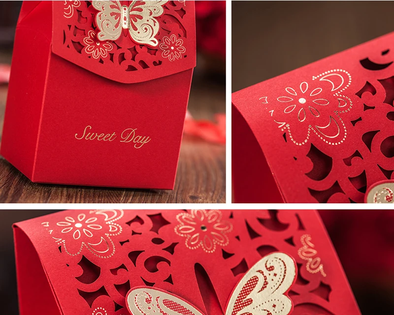 Желанная красная лазерная резка коробка для конфет с бабочкой цветочный 50 шт.