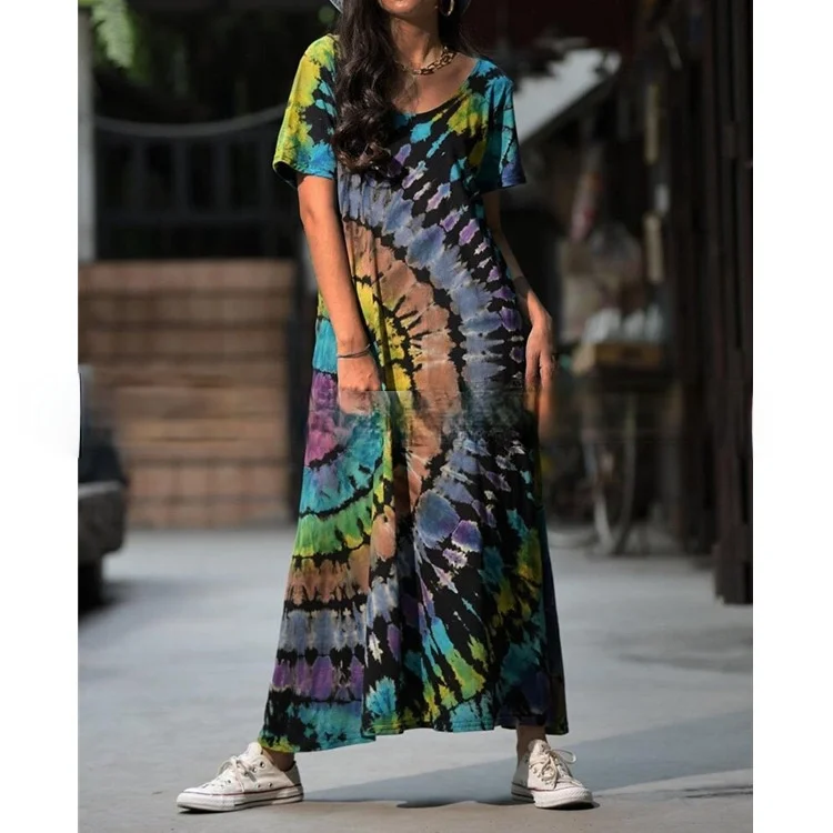 

2021 Summer New Style Hot Sale Casual Women's Loose Fashion Personality Printing V-neck Large Size Ladies Long Dresses