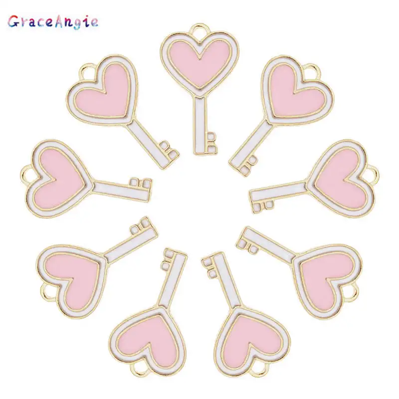 

GraceAngie мода 10 шт сплав Эмаль Сердце Ключ Подвески Розовый браслет ожерелье серьги подвески ювелирные изделия DIY Аксессуары 23*13 мм