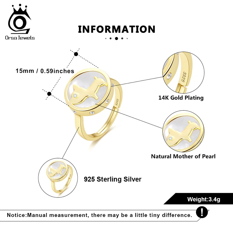 ORSA JEWELS Adjustable Ring 925 Sterling Silver Mother of Pearl Shell 14K Gold Plated Puppy Finger Band Pet Memorial Gift EQR13 | Украшения