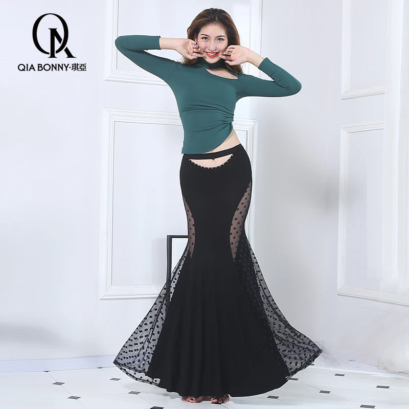 

Women adult belly dance costumes group training performance suit uniform Oriental dance sexy long-sleeved fishtail lace skirt