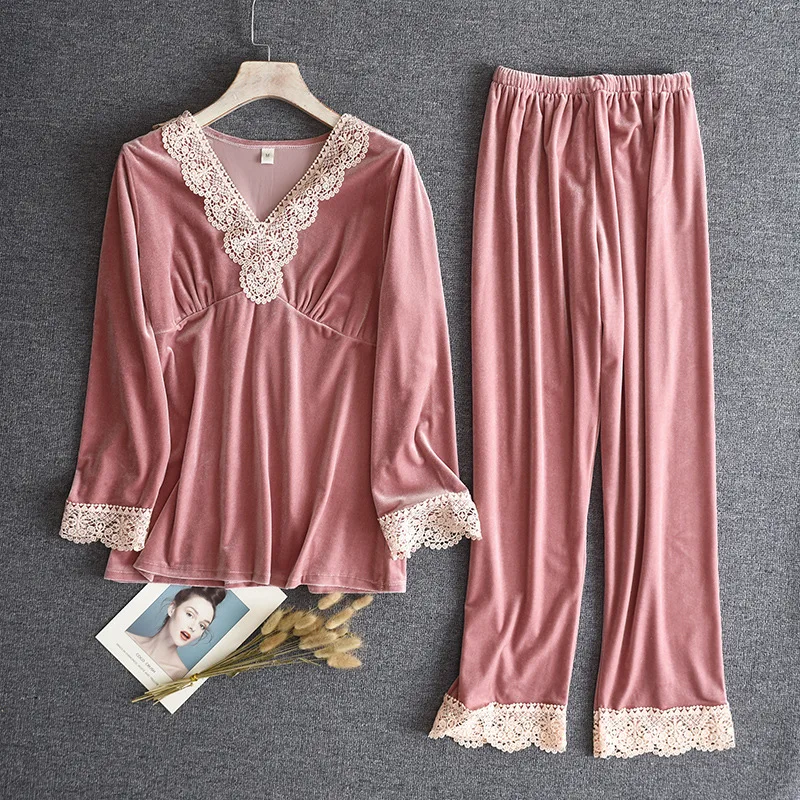 

Кружевной пижамный комплект из 2 предметов с V-образным вырезом, осенняя новинка, женская ночная одежда, комплект для сна, интимное белье, дом...