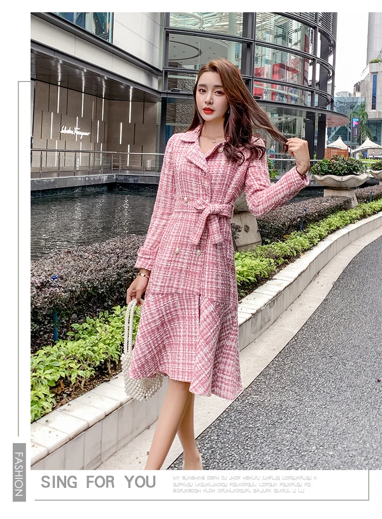 Autumn Winter Pink Plaid Tweed Wool Long Coat Women Notched Double Dreasted Sashes Ruffles Woolen Overcoat Mermaid Outerwear