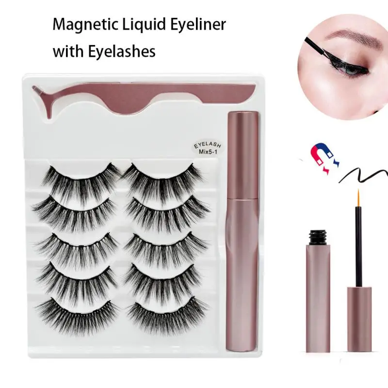 

HOT! 5 Pairs Magnetic False Eyelashes Waterproof Magnetic Eyeliner Eyelashes Tweezer Rose Gold Beauty Makeup Set TSLM1