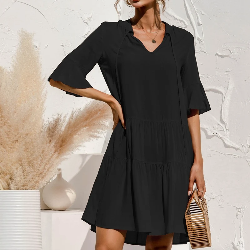 

Summer Lace Up V Neck Flare Sleeve Loose Dress Women Solid Color Casual Elegant Sweet Party