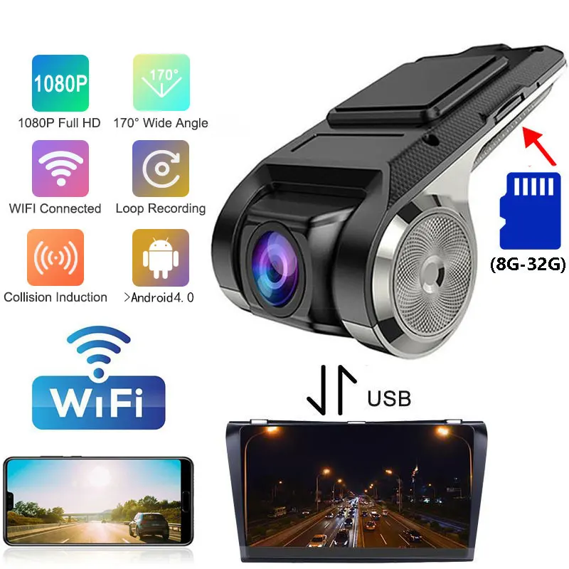 Автомобильный видеорегистратор HD USB + Wifi с передней камерой на 170 ° для Android радио