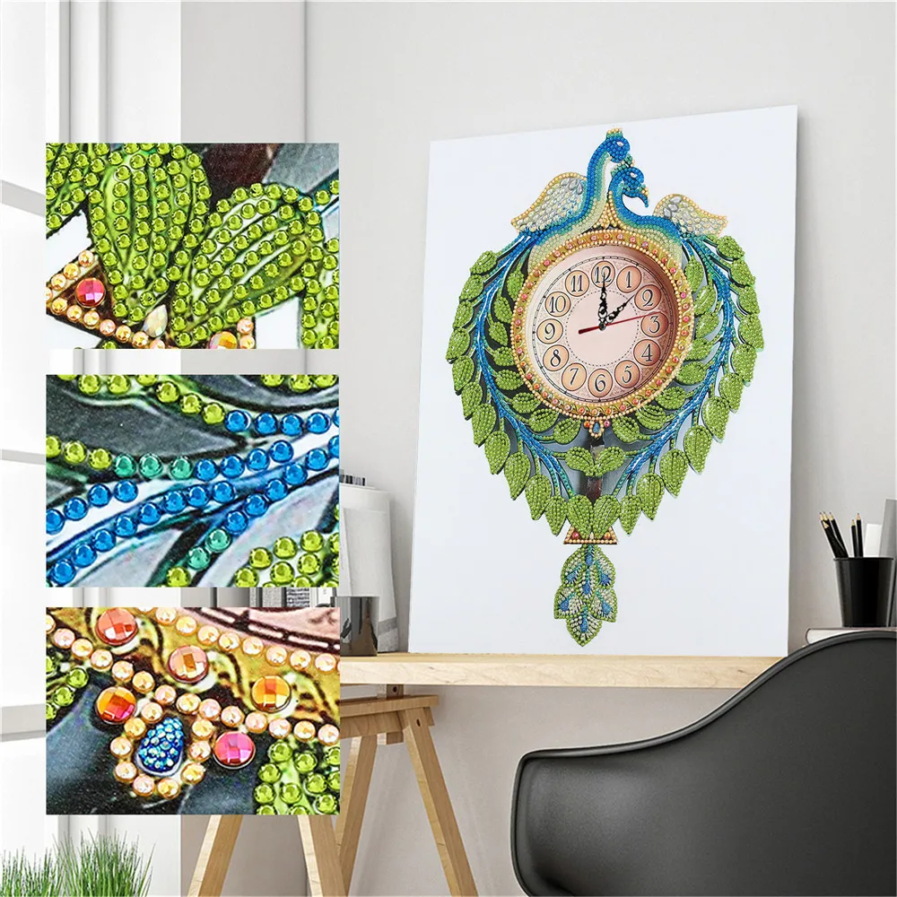 

HUACAN 5D DIY Diamond Painting Peacock Clock Pictures Of Rhinestones Special Shaped Diamond Embroidery Mosaic Craft Kit