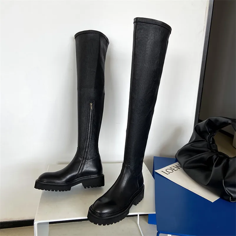 Сапоги женские из натуральной кожи на плоской платформе молнии | Обувь