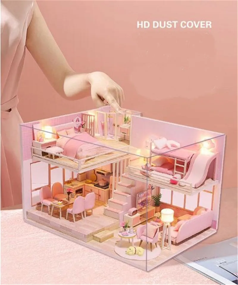 

New 3D Wooden Doll House Pink Style Furniture DIY Miniature House Model LED Light Wooden Dollhouse Christmas Gifts For Chidren