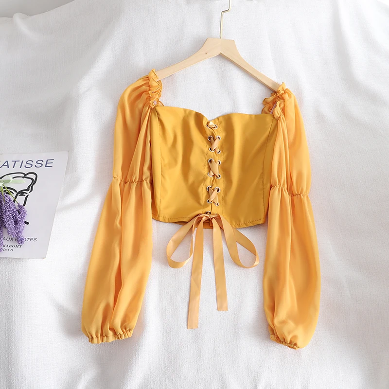 

Spring Summer Solid Color Women's Crop Top 2021Korean Clothes Ladies Fashion Sexy Short Bandage Long Sleeve Chiffon Shirt Female