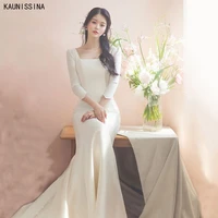 kaunissina sweep train mermaid wedding dresses for women square collar floor length simple white dress bride marriage vestidos