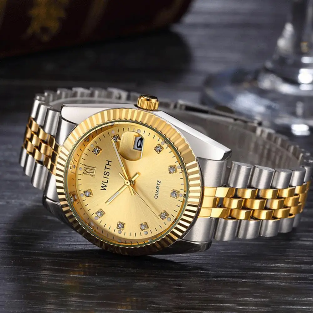 Couple Watch Diamond Women's Watch Luxury Gold LadyLover Stainless Steel Quartz Waterproof Wristwatches for Men Analog Auto Date