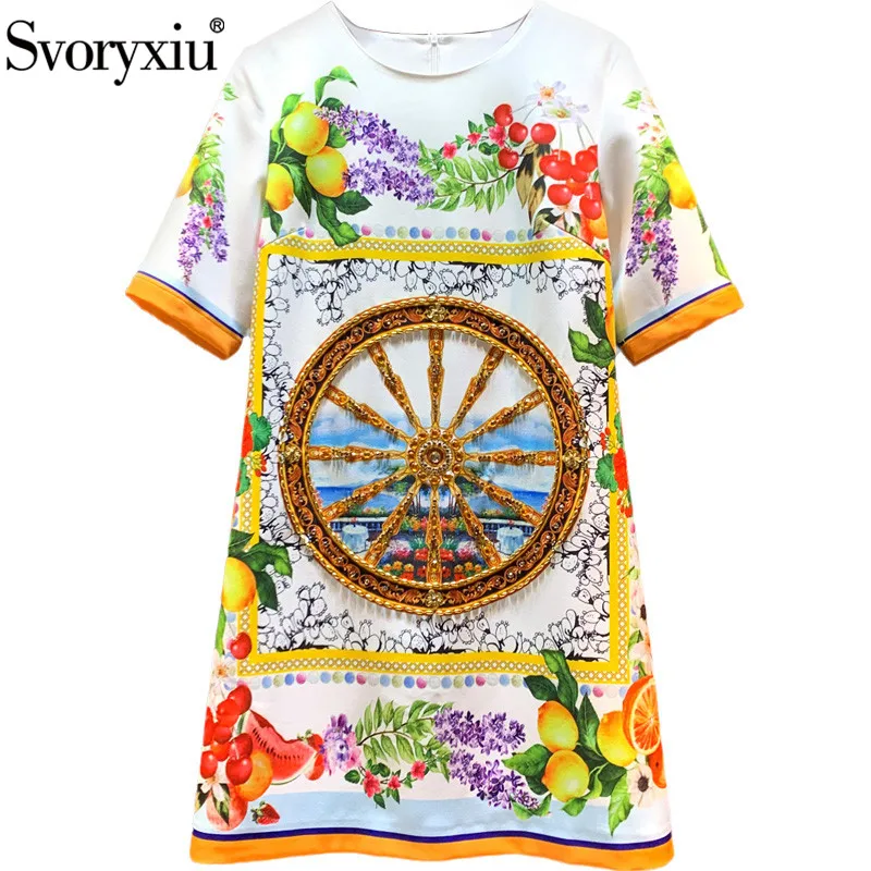 

Svoryxiu Runway Fashion Autumn Vintage Short Dress Women's Half Sleeve Crystal Diamond Wheel Fruit Flower Print luxury Dresses