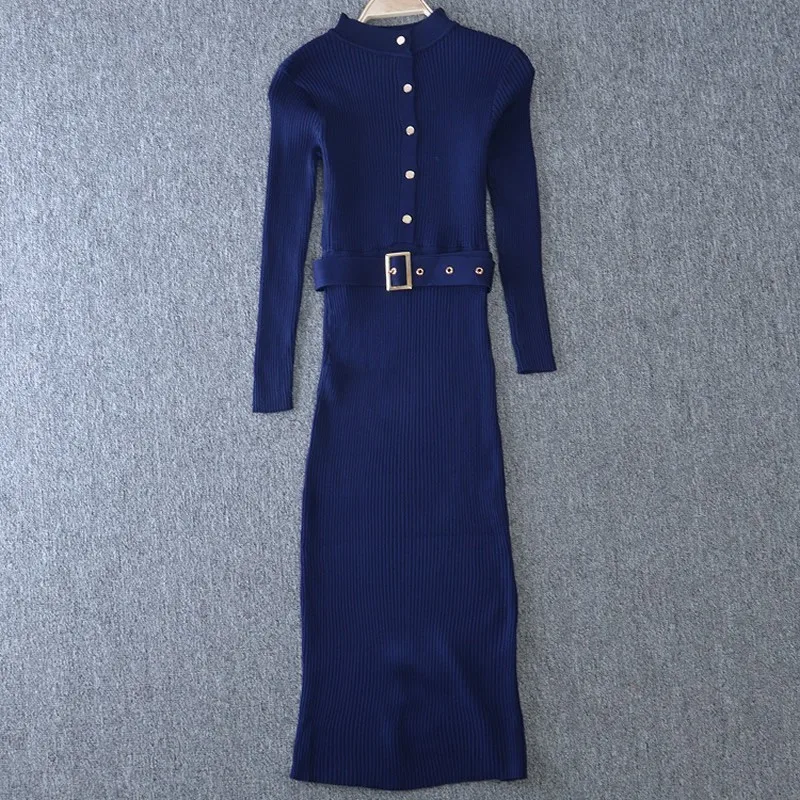 

Foamlina 2018 Autumn Winter Knitted Bodycon Dress Korean Style Women Long Sleeve Buttons Belted Midi Pencil Sheath Work Dress