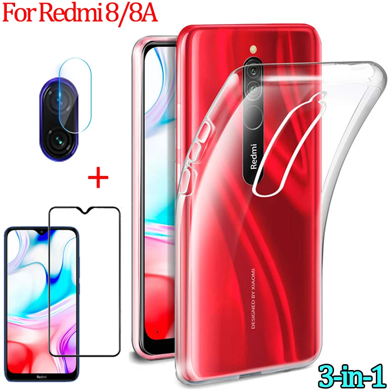 3 в 1 стекло + чехол для Redmi 8 A case мягкий силиконовый чехлы Xiomi 8A камера защитная