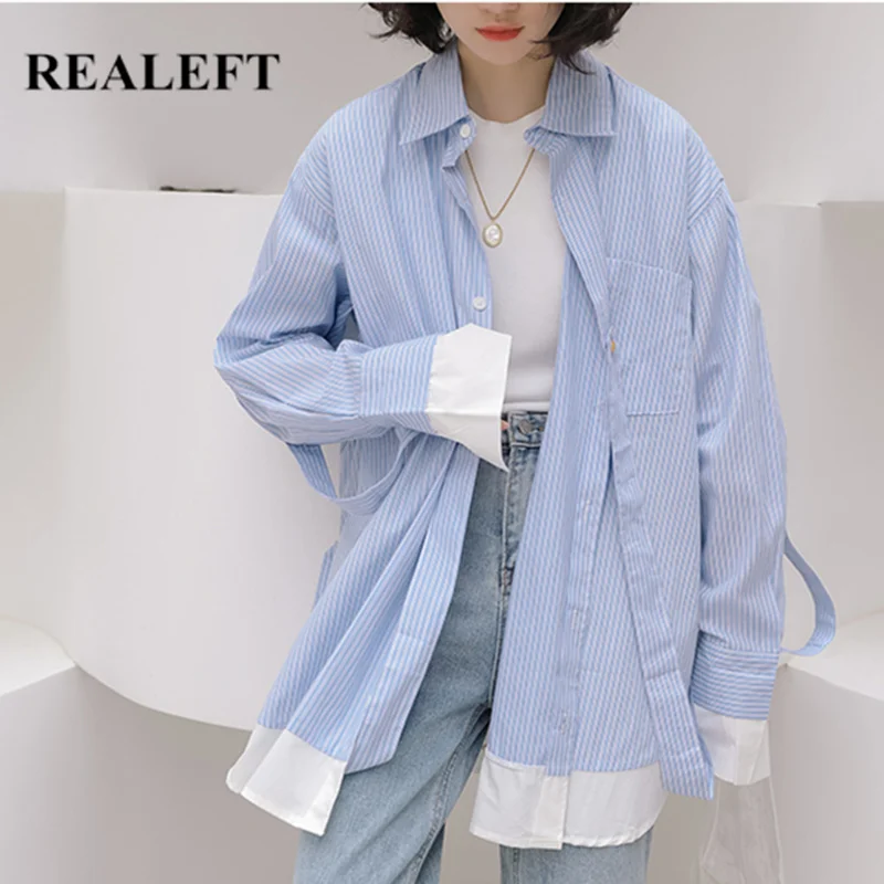 

REALEFT осенне-зимняя модная полосатая блузка, новинка 2020, офисные рубашки с длинным рукавом, Лоскутная рабочая одежда, женская Свободная блузк...