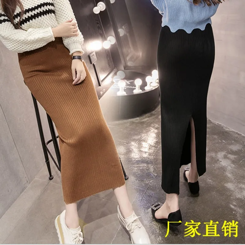 2019 осенне-зимняя хлопковая облегающая юбка женская растягивающаяся с разрезом