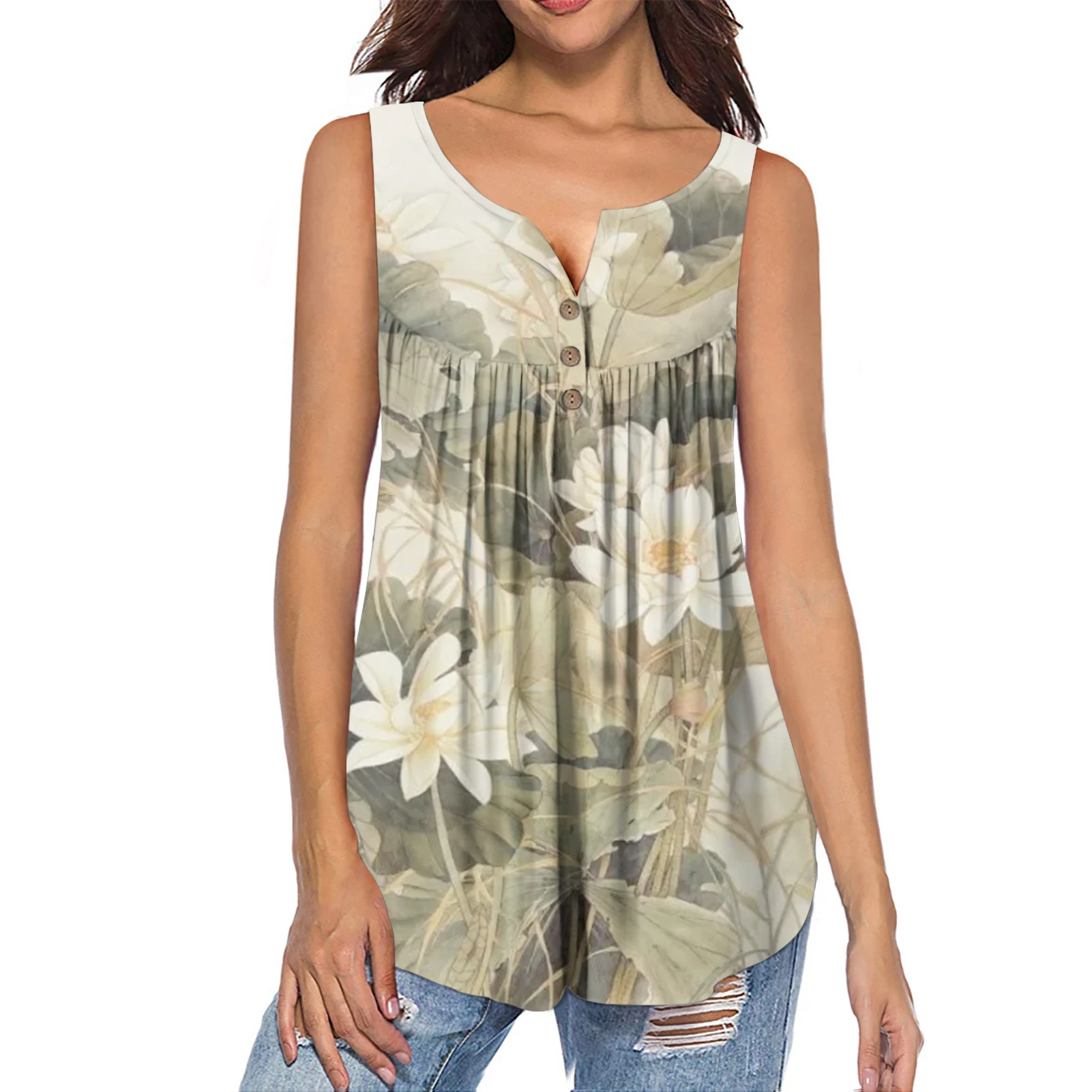 

Blusas Print Chiffon Blouse For Women Custom Summer Blouse Ladies' Blouses & Tops Lace Sleeveless Chiffon Chinese-style Lotus