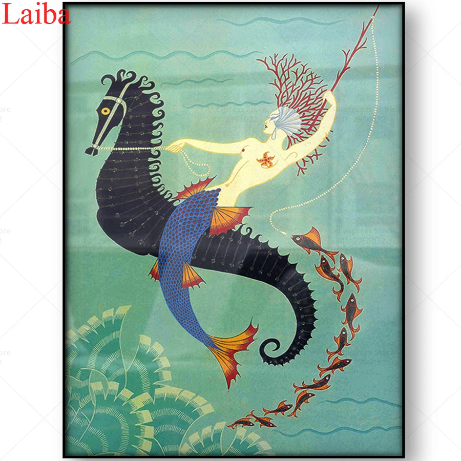 

full drill square Crystal PaintingsVintage mermaid, seahorse Diamond Embroidery Full round 5d Diy diamond painting