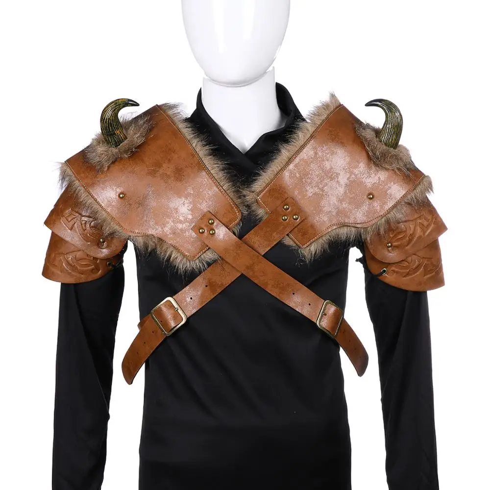 

Medieval Warrior Women Armour Costume Cosplay LARP Adult PU Leather Brown Fur Viking Shoulder Armor with Horn